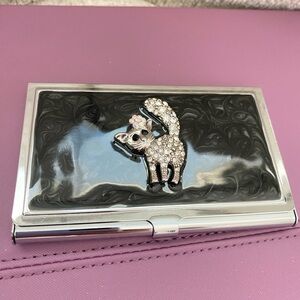 Vintage Card Holder With Cat Rhinestone In Black  Enamel